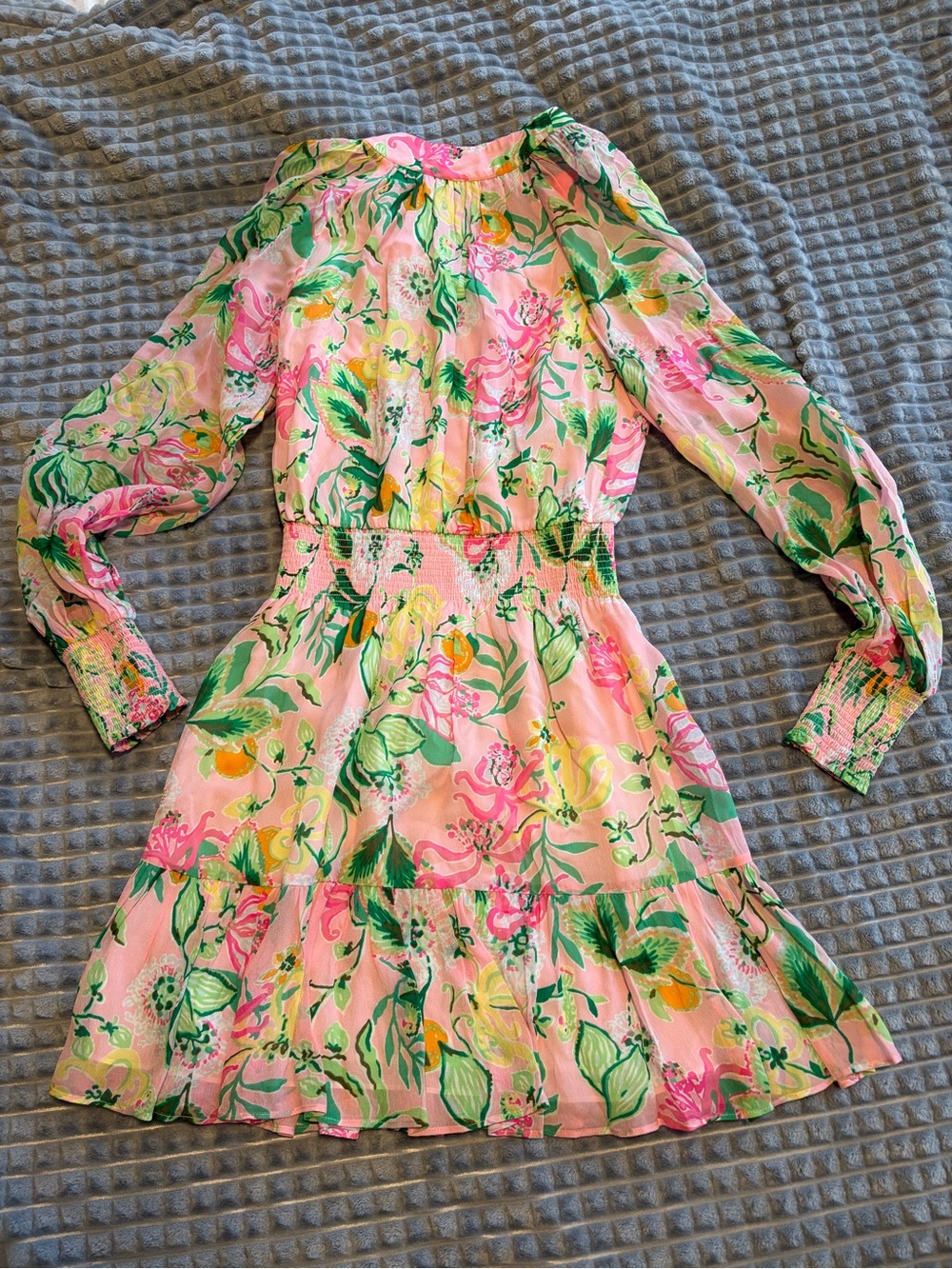 Lily Pulitzer Pink Floral Long-Sleeve Smocked Waist Mini Dress